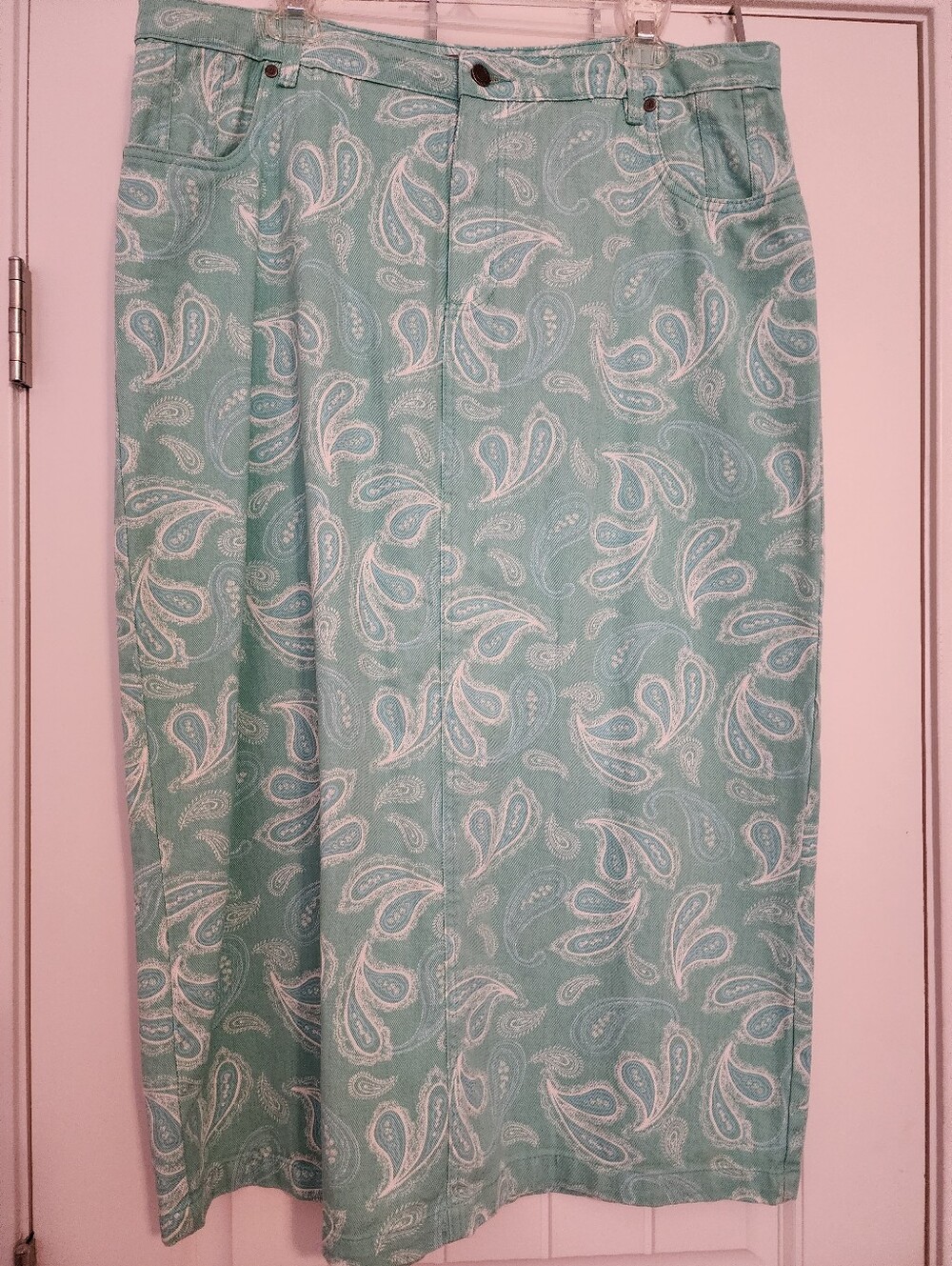 Jessica London Mint Green Denim Paisley Skirt Summer Pastel 16W 100% Cotton